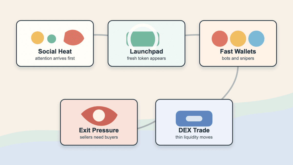 No-arrow process diagram showing social heat, launchpad creation, fast wallets, DEX trading, and exit pressure in meme coin trenches