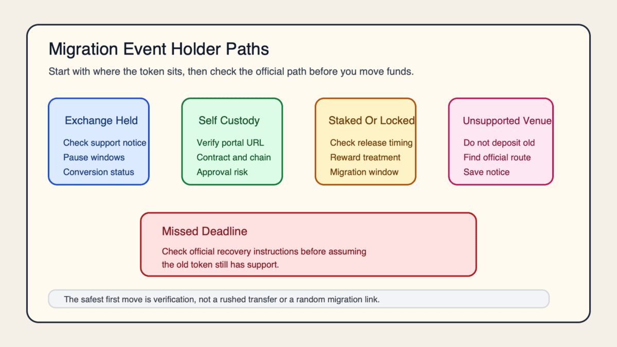 Diagram showing migration event holder paths for exchange-held, self-custody, staked, unsupported, and missed-deadline states