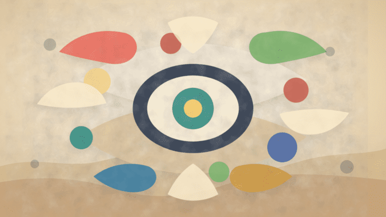 Layered paper collage showing attention rotating around a central crypto idea