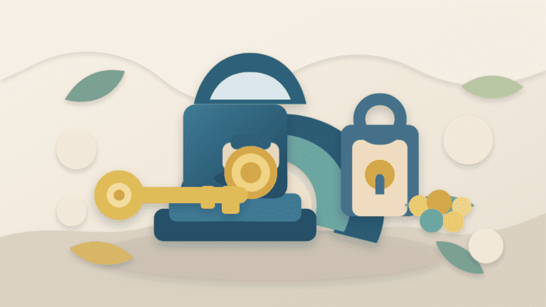 Layered paper illustration of a minting press, key, lock, and token supply gate representing mint authority control