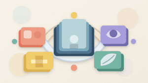 Layered-paper illustration of separate blockchain modules connected around a central stack