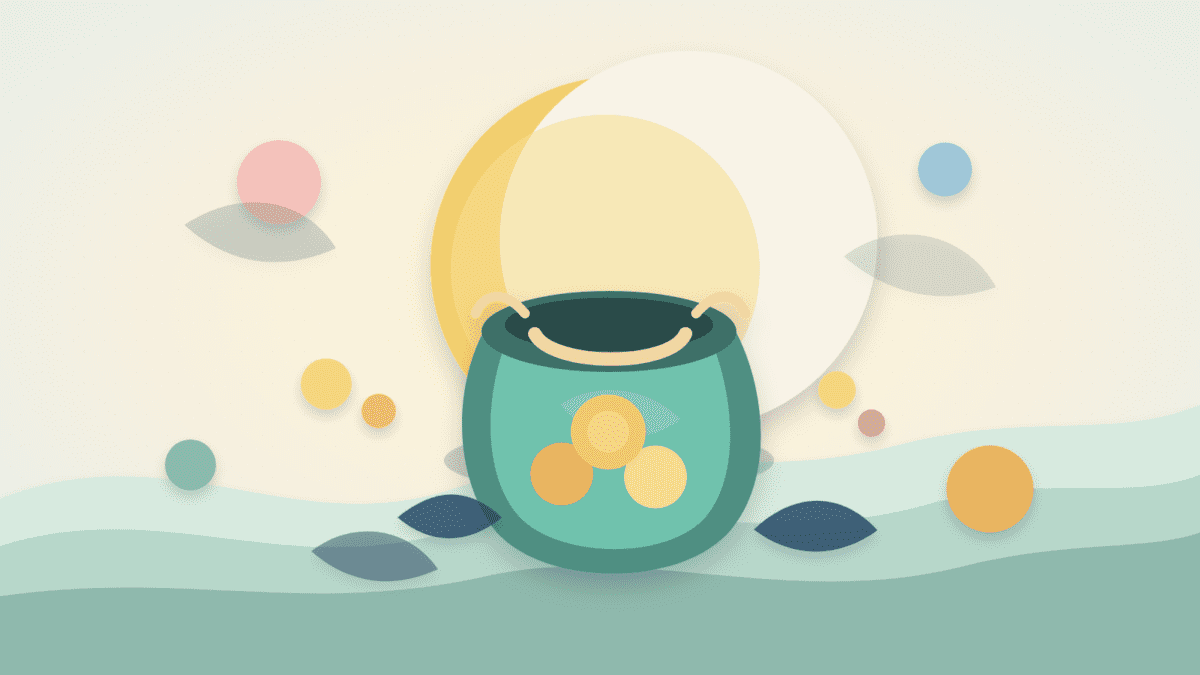 Layered paper illustration of a small moonbag pouch in front of a crescent moon, representing leftover upside after taking profits