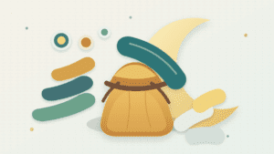 Layered paper illustration of a small moonbag pouch set aside after taking profits, with a crescent moon and separated paper-token shapes