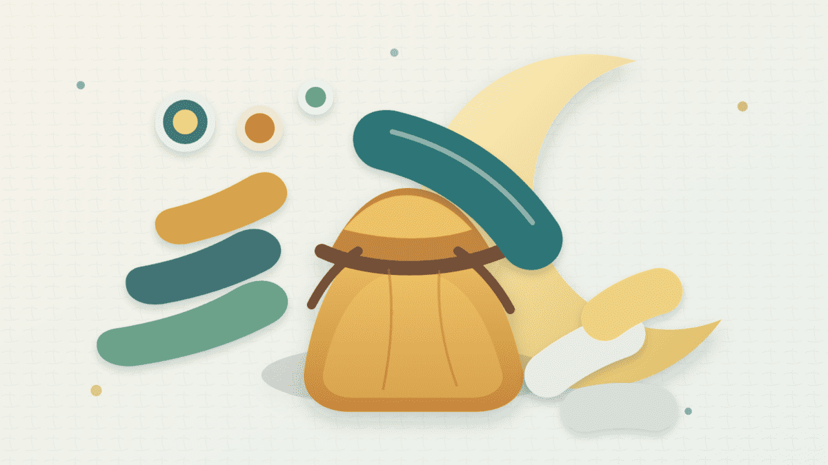 Layered paper illustration of a small moonbag pouch set aside after taking profits, with a crescent moon and separated paper-token shapes