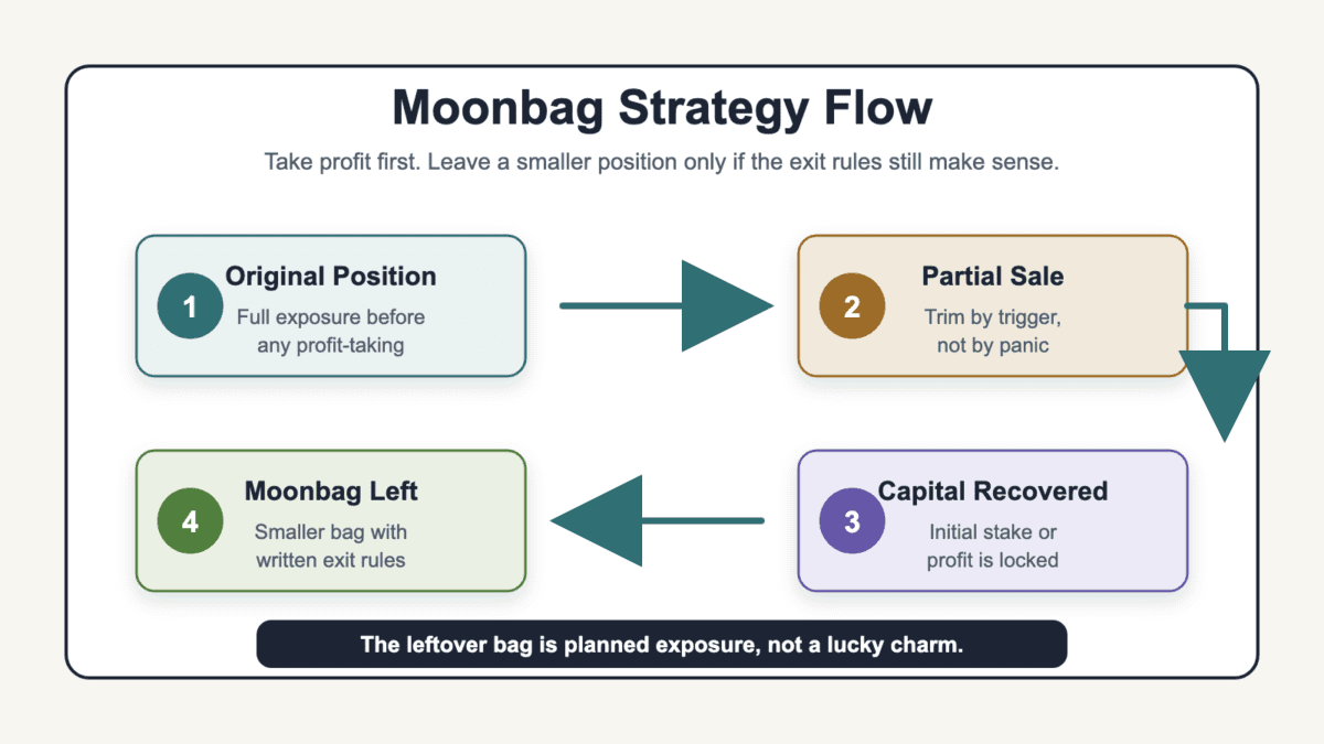Four-step moonbag strategy flow showing original position, partial sale, recovered capital, and planned leftover moonbag