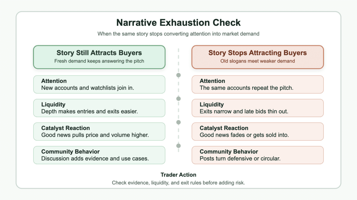 Comparison chart showing how attention, liquidity, catalyst reaction, and community behavior weaken when a crypto narrative stops attracting buyers