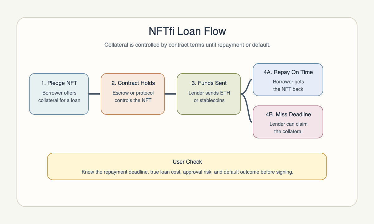 Diagram showing an NFTfi loan flow from pledged NFT to contract control, lender funding, repayment, NFT return, or default claim