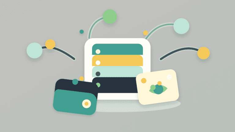 Layered paper illustration of a network node connected to node circles with a license pass and wallet symbol