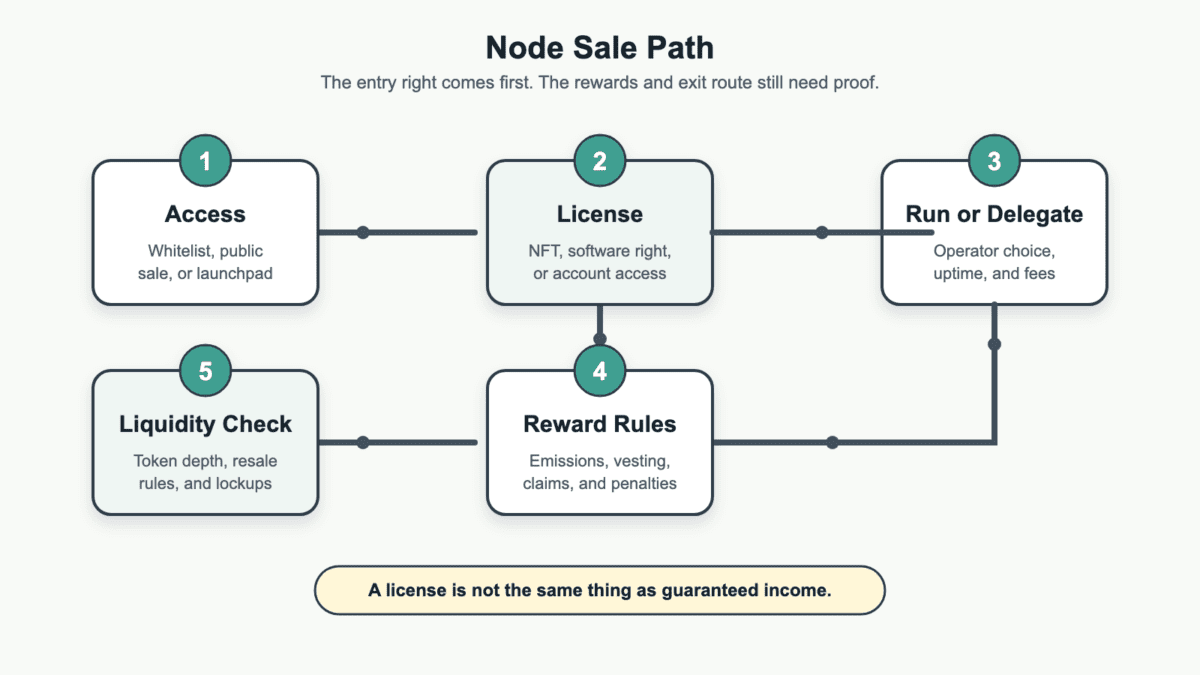 Process diagram showing five node sale checkpoints: sale access, license purchase, setup or delegation, reward rules, and liquidity checks