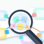 Paper-cut magnifying glass tracing blank wallet cards and blockchain nodes