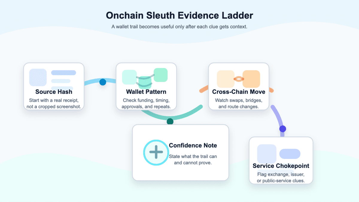 Evidence ladder showing how an onchain sleuth moves from a source hash to wallet patterns, cross-chain movement, service chokepoints, and a confidence note