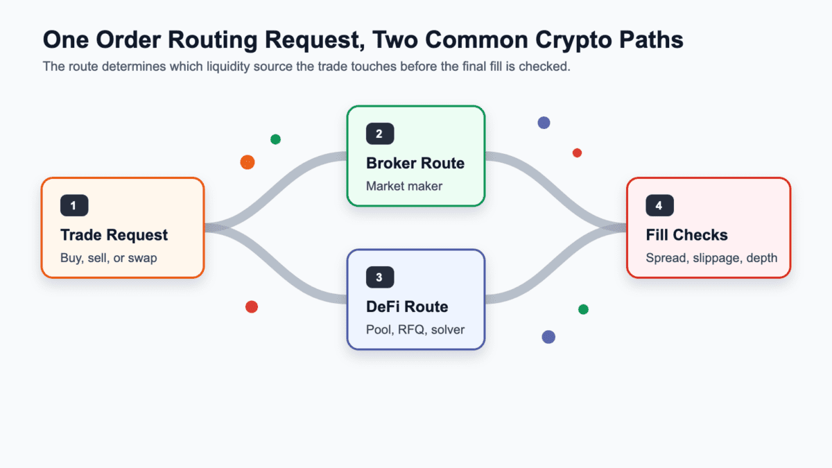 Diagram comparing one crypto trade request with broker or exchange routing, DeFi routing, and final fill checks