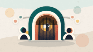 Paper-cut illustration showing gated private crypto access with traders outside and a hidden market insight behind a locked doorway