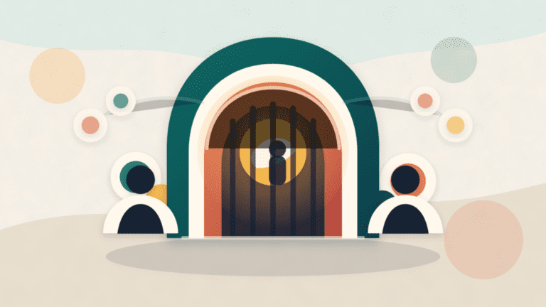 Paper-cut illustration showing gated private crypto access with traders outside and a hidden market insight behind a locked doorway
