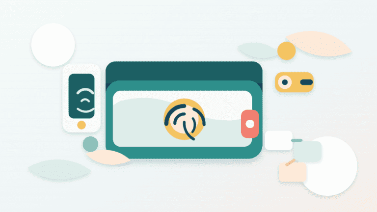 Layered paper illustration of a secure crypto wallet with a fingerprint passkey, phone, hardware key, and blockchain blocks