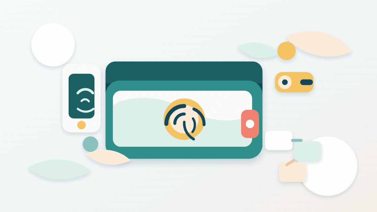 Layered paper illustration of a secure crypto wallet with a fingerprint passkey, phone, hardware key, and blockchain blocks