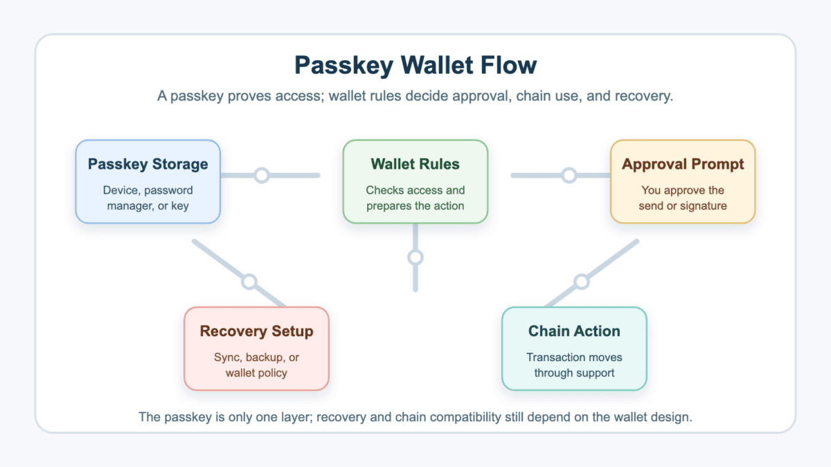 Process diagram showing passkey storage, wallet rules, approval, chain action, and recovery setup