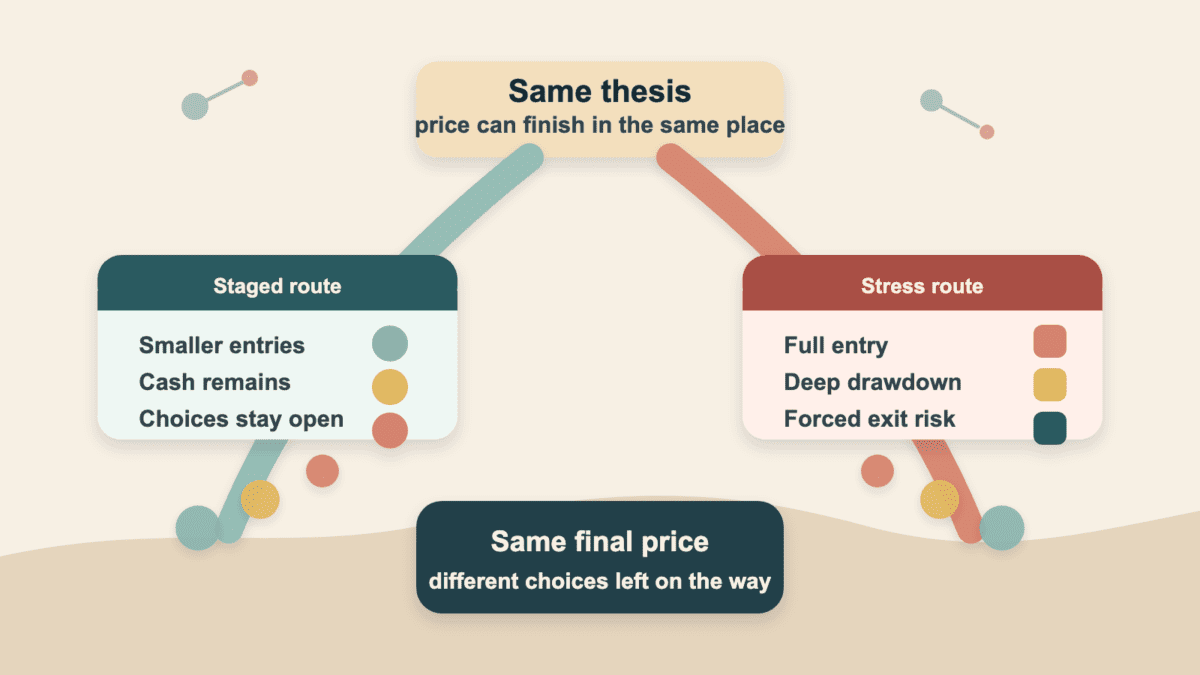 Comparison diagram showing a staged crypto entry path and a stress path that can end at the same final price with different choices left