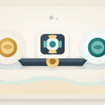 Layered paper illustration of a peg stability module balancing reserve and protocol stablecoin shapes