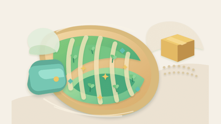 Layered paper illustration of a wallet beside crop rows growing abstract crypto points with a sealed reward box in the distance