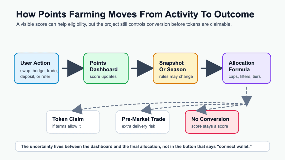 Flow diagram showing user activity moving into a points dashboard, campaign snapshot, allocation formula, and possible token claim, pre-market trade, or no conversion outcome