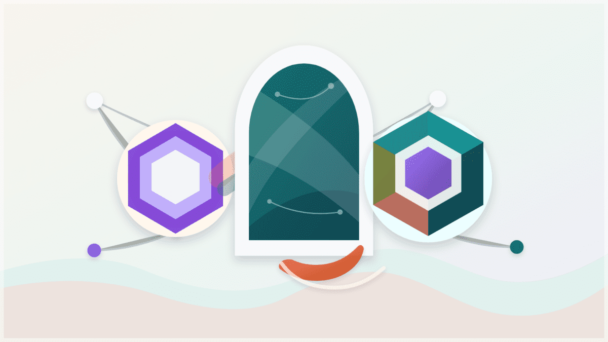 Layered paper illustration of a Polygon token migration passing through a gateway into a new ecosystem token