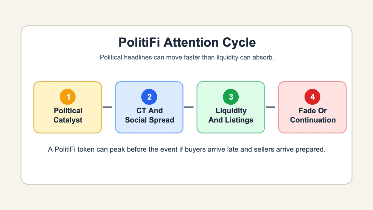 Diagram showing the PolitiFi attention cycle from political catalyst to CT spread, liquidity and listings, then fade or continuation