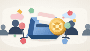Layered paper illustration of a ballot box beside a generic crypto token, microphones, crowd silhouettes, and social attention shapes