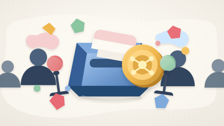 Layered paper illustration of a ballot box beside a generic crypto token, microphones, crowd silhouettes, and social attention shapes