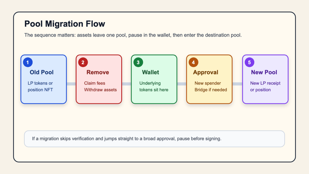 Diagram showing old pool, remove liquidity, wallet assets, approvals, bridge step, and new pool in a pool migration