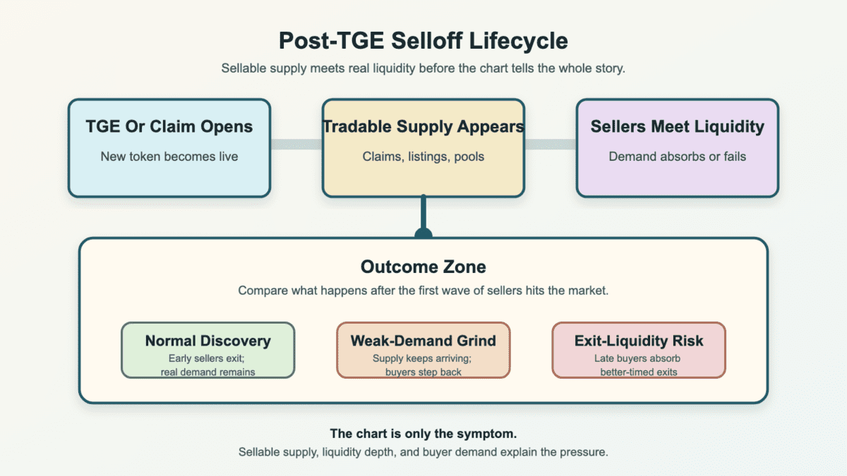 Lifecycle diagram showing how a post-TGE selloff moves from claim opening to supply, liquidity testing, and normal discovery, weak-demand grind, or exit-liquidity risk outcomes