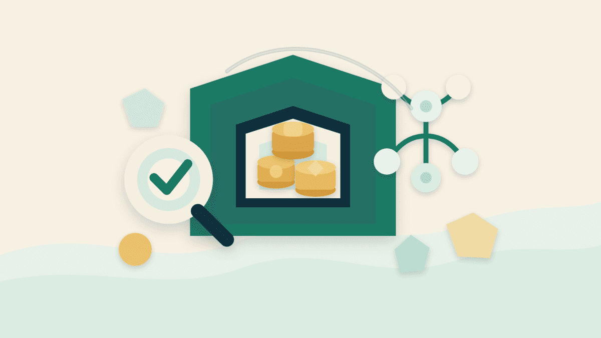 Layered paper collage showing a vault of reserve tokens, a balance tree, and a verification magnifier