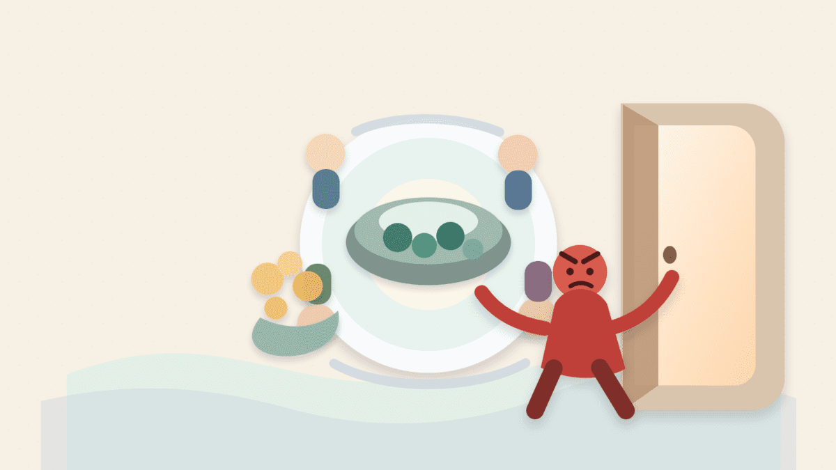 Layered paper illustration of an angry DAO member leaving a governance table and treasury scene