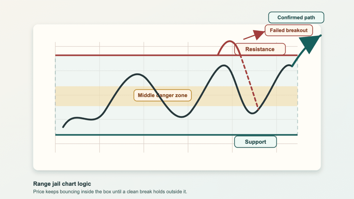 Diagram showing a range jail chart box with support, resistance, a middle danger zone, one failed breakout wick, and one confirmed breakout path