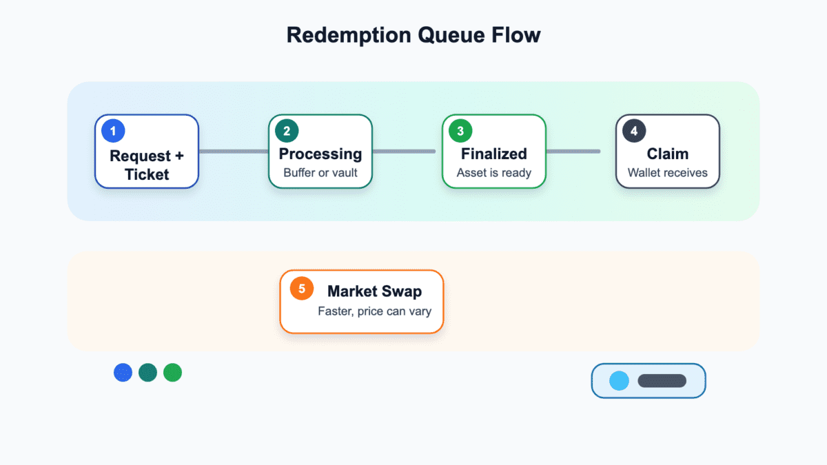 Process diagram showing a redemption request and ticket, protocol processing, finalization, wallet claim, and a market swap shortcut