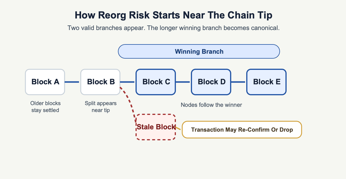 Diagram showing one blockchain branch winning while a competing block becomes stale during a reorg.