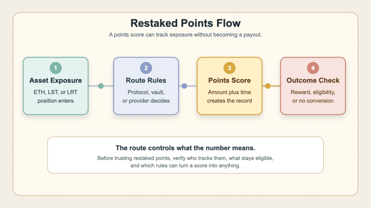 Four-part diagram showing restaked asset exposure, route rules, points scoring, and conditional outcomes