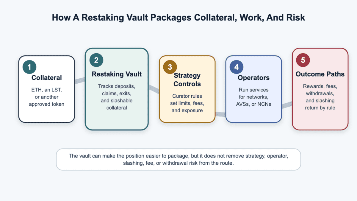 Five-part diagram showing collateral, a restaking vault, strategy controls, operators and networks, and outcome paths for rewards, fees, slashing, and withdrawals