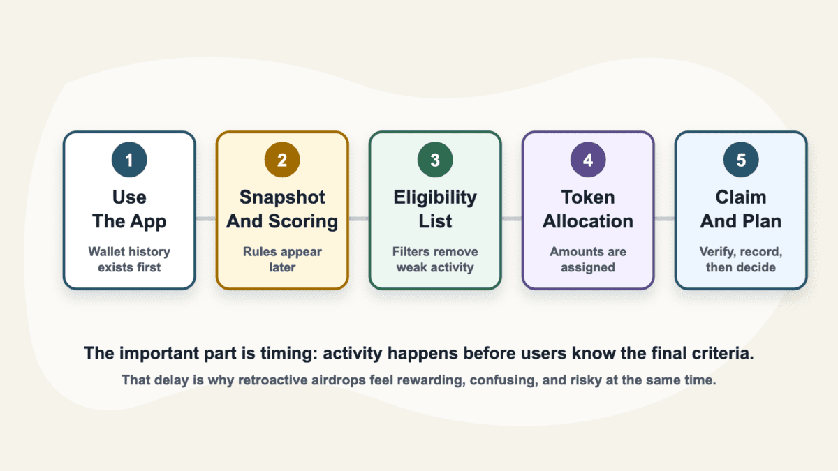 Five-stage diagram showing app use, snapshot scoring, eligibility, token allocation, and claim planning for a retroactive airdrop