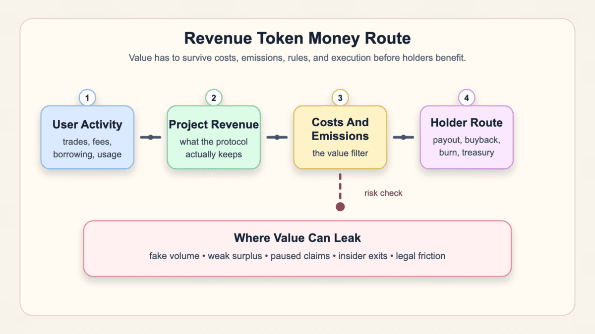 Revenue token money route diagram showing user activity, project revenue, costs, emissions, holder value, and leak risks