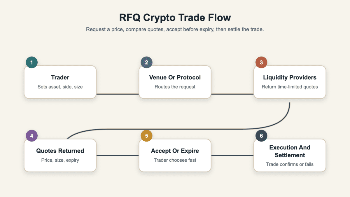 RFQ crypto trade workflow showing a trader request, venue or protocol, liquidity providers, returned quotes, acceptance or expiry, and execution with settlement