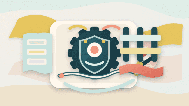 Layered-paper illustration of a crypto risk engine as a shield-shaped machine checking collateral, market stress, and guardrails