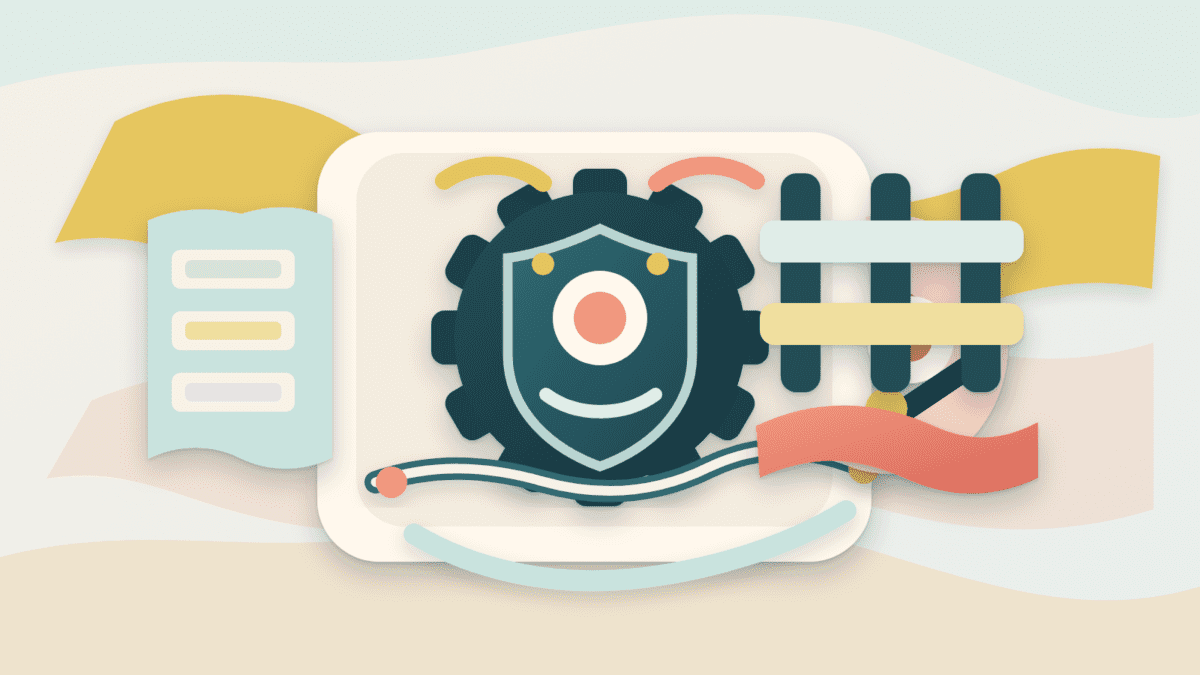 Layered-paper illustration of a crypto risk engine as a shield-shaped machine checking collateral, market stress, and guardrails