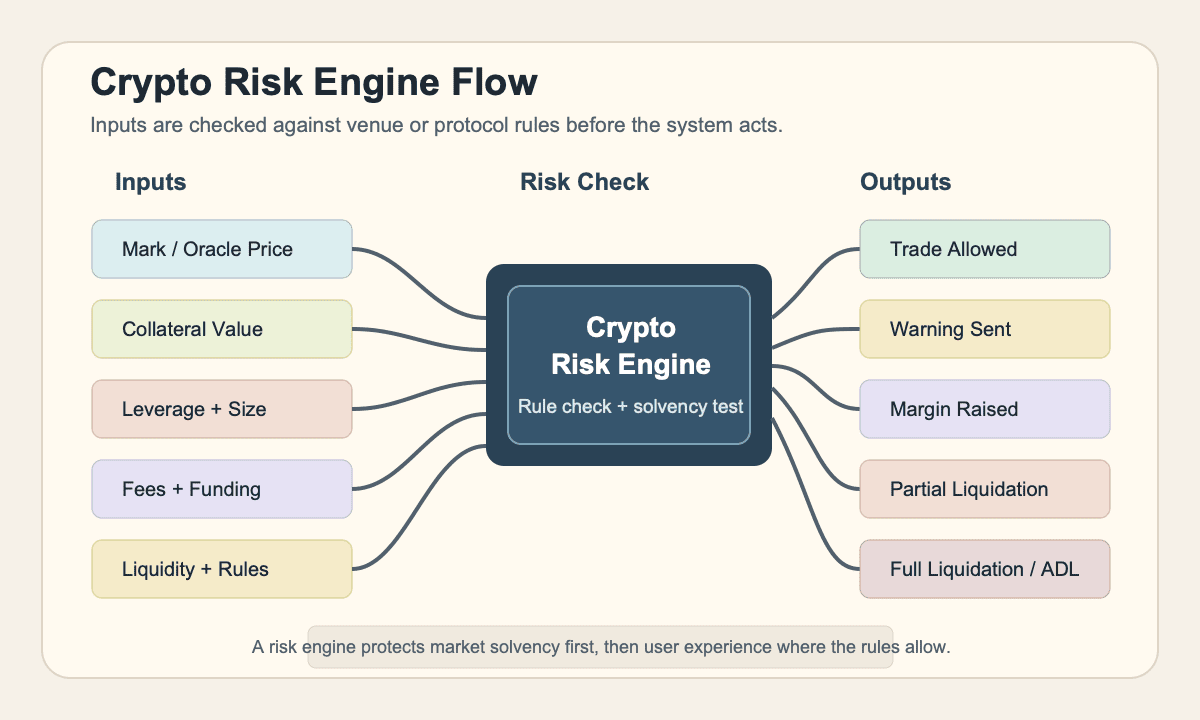 Flow diagram showing prices, collateral, leverage, fees, liquidity, and rules entering a crypto risk engine before trade, warning, margin, liquidation, or ADL outputs