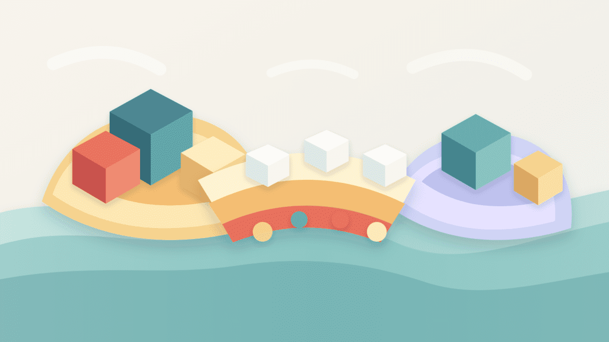 Layered paper illustration showing a rollup bridge connecting a base chain island to a smaller rollup island