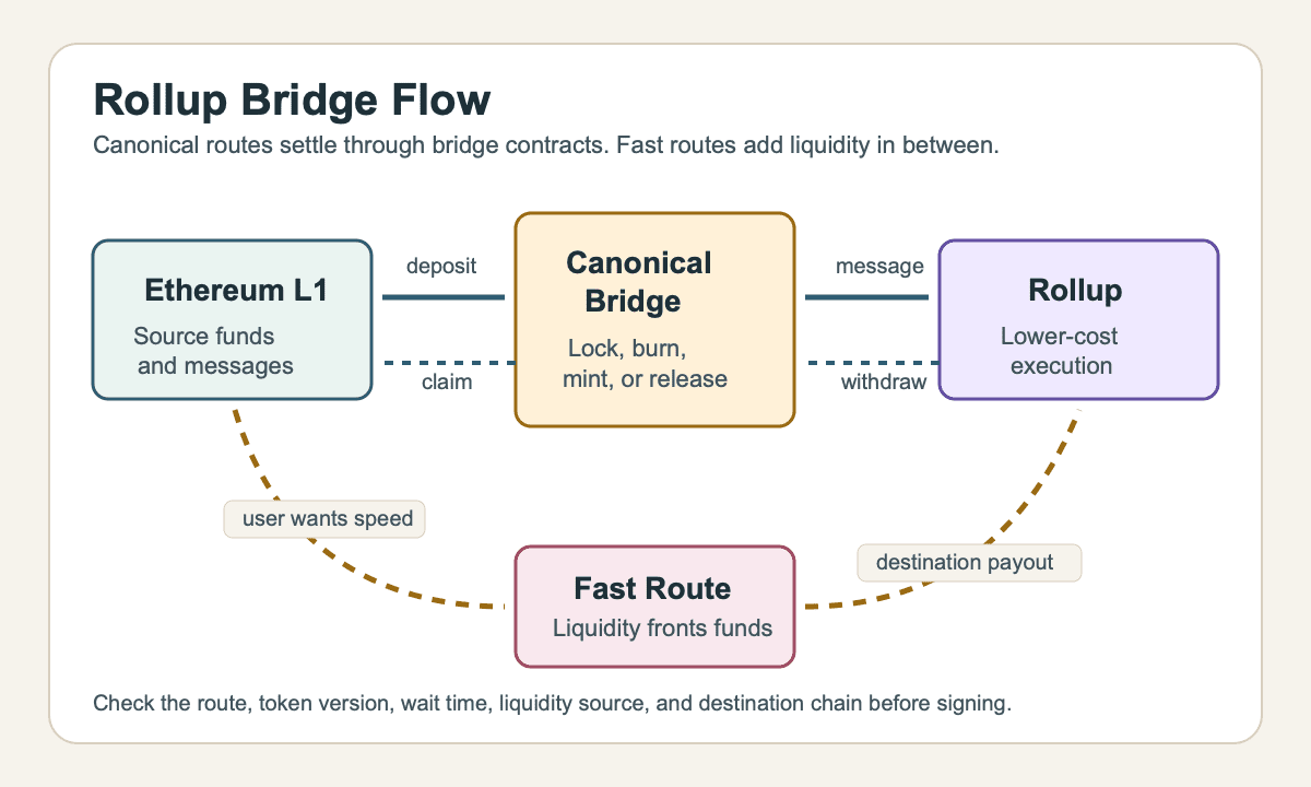 Diagram showing Ethereum L1 sending assets and messages through canonical bridge contracts to a rollup, with a separate fast bridge liquidity route below