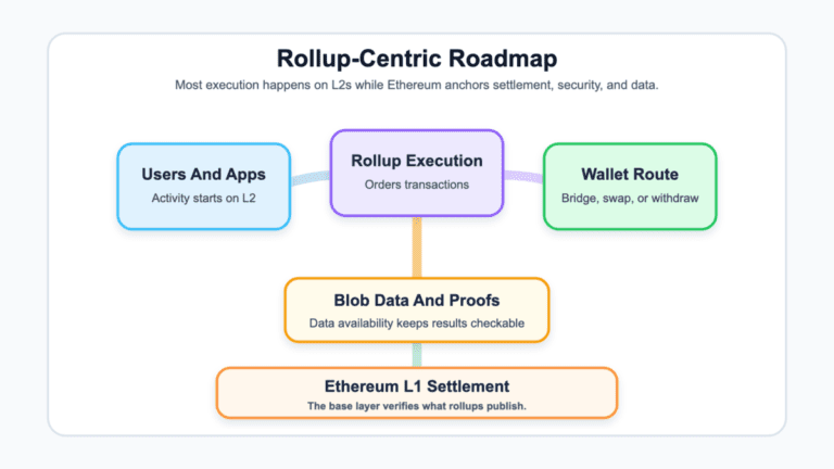 Diagram showing users and apps, rollup execution, blob data and proofs, wallet routes, and Ethereum L1 settlement in the rollup-centric roadmap