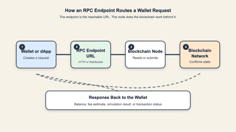 Diagram showing a wallet or dApp sending a request to an RPC endpoint URL, then reaching a blockchain node and blockchain network before a response returns