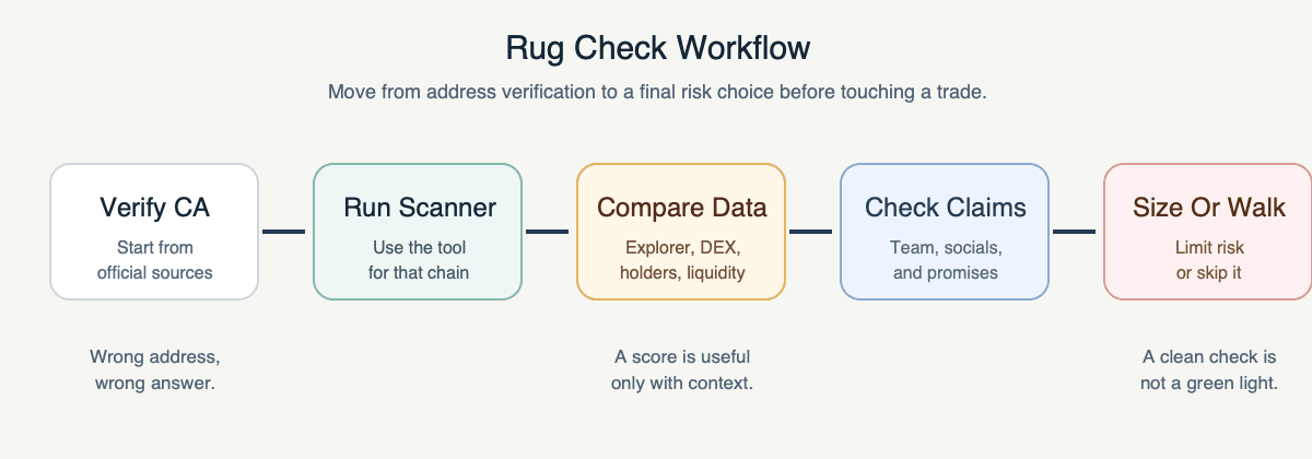 Rug check workflow showing contract address verification, chain scanner, explorer and DEX comparison, team claim review, and final sizing or walk-away choice