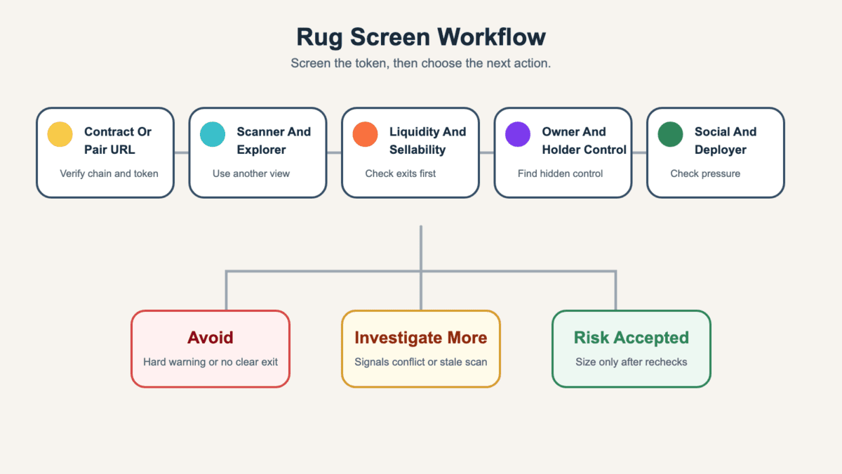 Rug screen workflow diagram showing a contract or pair URL moving through scanner checks, liquidity, control, social checks, and three outcomes: avoid, investigate more, or risk accepted
